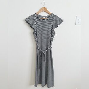 GAP Blue and White Striped Flutter Sleeve Belted Midi Dress
